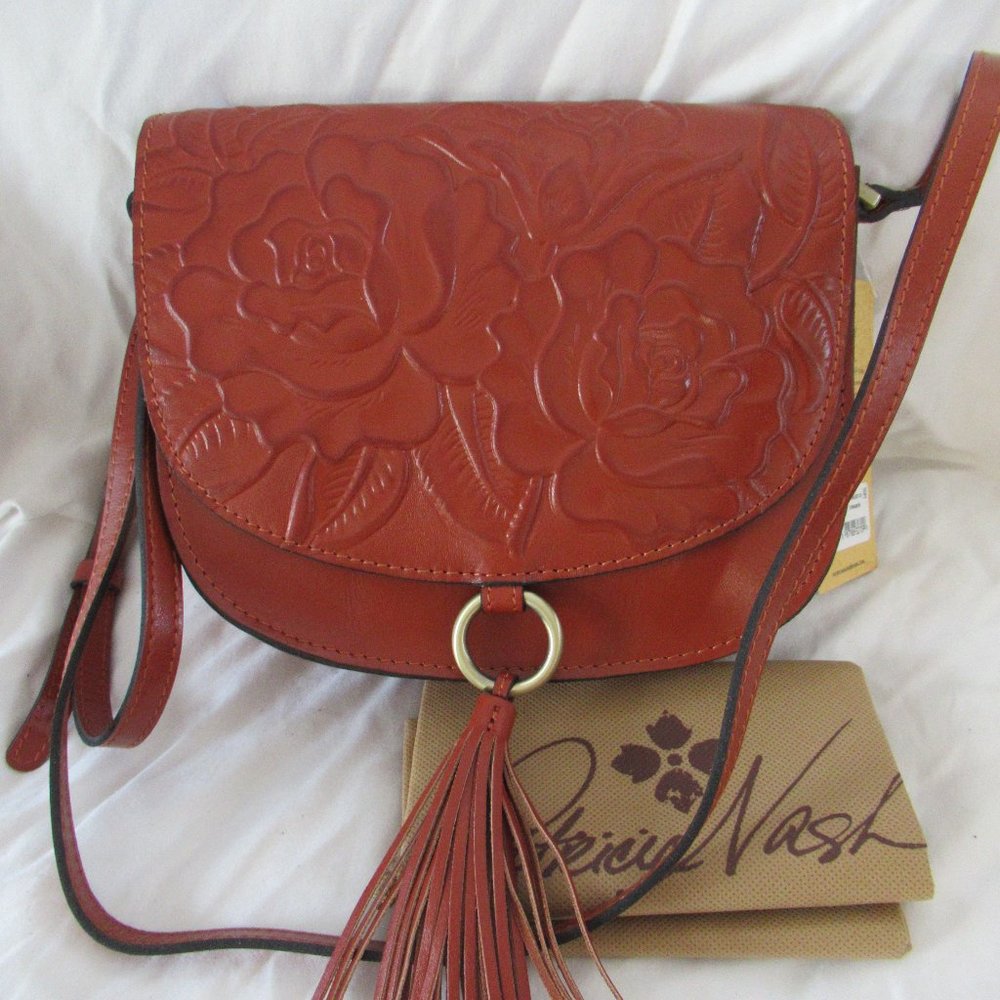 Patricia Nash Red Floral-Embossed Leather Crossbody with Tassel Ring